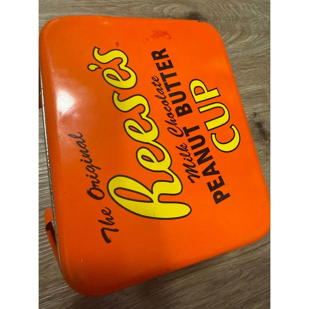 Reeses Peanut Butter Cup Collectible Metal Tin Storage Box Orange Vintage